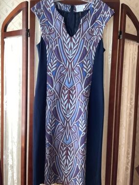 Navy and Purple Patterned Midi Sheath Dress